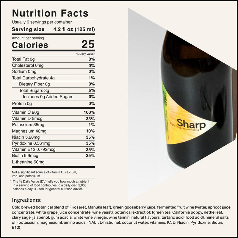 Three Spirit | Blurred Vines Sharp: Nutrition Facts and ingredients of a botanical drink highlighting vitamins, amino acids, and botanical extracts for mental clarity.