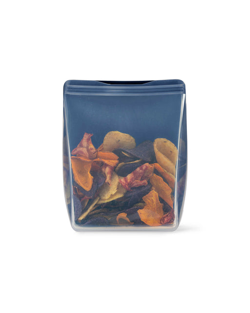 Silicone reusable stand-up bag, 50 oz capacity, ideal for food storage, featuring a clear front and colorful back, dishwasher and microwave safe. Perfect for kitchen use.