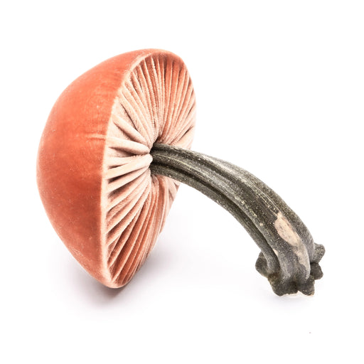 Hot Skwash | Silk Velvet Mushrooms - Fire: Three handcrafted mushrooms with natural pumpkin stems, including a crystal-topped piece, adding rustic charm to home decor.
