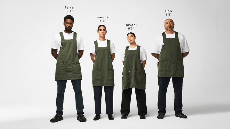 Hedley & Bennett Smock fit guide showing the apron on models of different heights