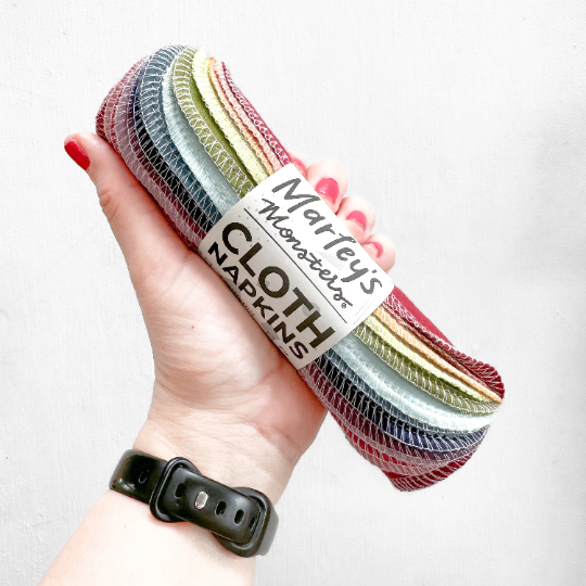 Marley's Monsters | Small Cloth Napkins - Earthy Rainbow: 12-count cotton flannel napkins, single ply with sewn edges, ideal for sustainable dining at home or in lunchboxes.
