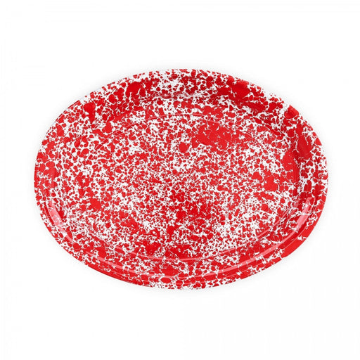Crow Canyon Home | Splatter Enamelware Oval Platter - Red Splatter, ideal for versatile serveware needs with a secure rimmed edge for stylish dining.
