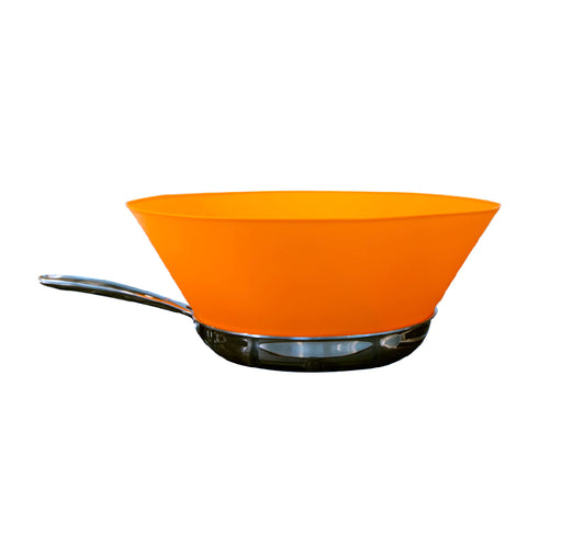 Frywall Splatter Guard, 8 Inches, shown with an orange pan and silver handle, exemplifies splatter-free cooking from Athens Cooks.