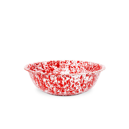 Crow Canyon Home Small Basin, a 4 qt enamelware bowl, ideal for versatile kitchen uses, including mixing and serving, in red and white splatterware design.