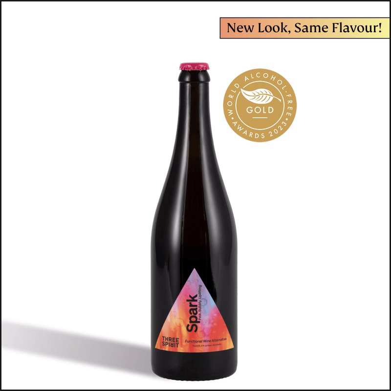 Three Spirit | Blurred Vines Spark bottle with new look, gold award badge, and label highlighting its alcohol-free, energizing blend. Comes in a set of 3 bottles.
