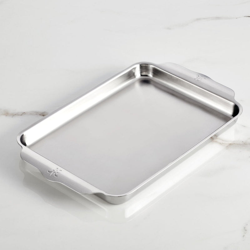 Hestan Provisions | Oven Bond Tri-Ply Bakeware, Quarter Sheet Pan with integrated handles and polished finish, designed for even heat distribution and easy oven handling.