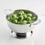 Hestan Provisions | Stainless Steel Colanders - 3 Quart filled with fresh Brussels sprouts, showcasing its capacity and sturdy design for efficient kitchen use.