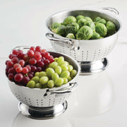 Hestan Provisions | Stainless Steel Colanders - 5 Quart, displaying grapes and Brussels sprouts, exemplifies durable, ergonomic design for efficient kitchen use.
