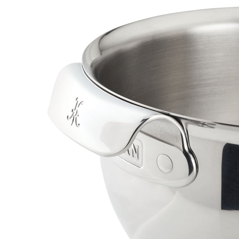 Close-up of Hestan Provisions 4pc Stainless Steel Mixing Bowl Set, highlighting the durable, polished stainless-steel rim and robust side handle from Athens Cooks.