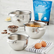 Hestan Provisions Stainless Steel Mixing Bowl Set - Three Piece, showcasing heavy-gauge, flared rim bowls ideal for versatile kitchen use and durability.