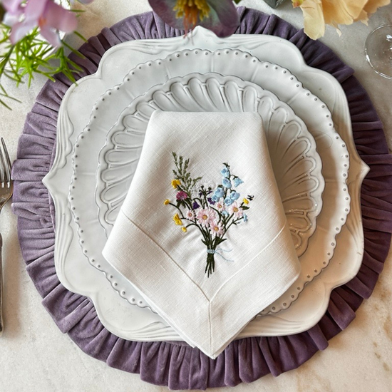 Arte Italica & Crown Linen Designs | Round Ruffle Velvet Placemat, French Blue