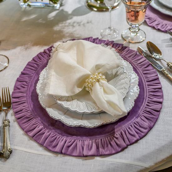Arte Italica & Crown Linen Designs | Round Ruffle Velvet Placemat, Cream
