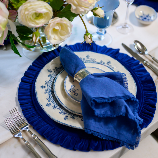 Arte Italica & Crown Linen Designs | Round Ruffle Velvet Placemat, French Blue