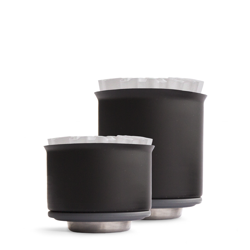 FELLOW | Stagg Pour-Over XF dripper with flat-bottom design and unique textured pattern for optimal coffee extraction, shown in two sizes for precise brewing.