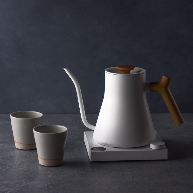 Fellow | Stagg EKG Electric Kettle - Matte White - Maple, features a sleek design with a precise gooseneck spout, ideal for pour-over coffee enthusiasts.