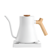 Fellow | Stagg EKG Electric Kettle - Matte White - Maple with precise gooseneck spout, ideal for pour-over coffee. Variable temperature control, 1200 watts for rapid heating.
