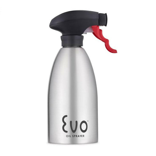 Evo Stainless Steel Oil Sprayers - Purple with ergonomic trigger and fan-shaped spray for precise oil distribution, made from durable brushed stainless steel.