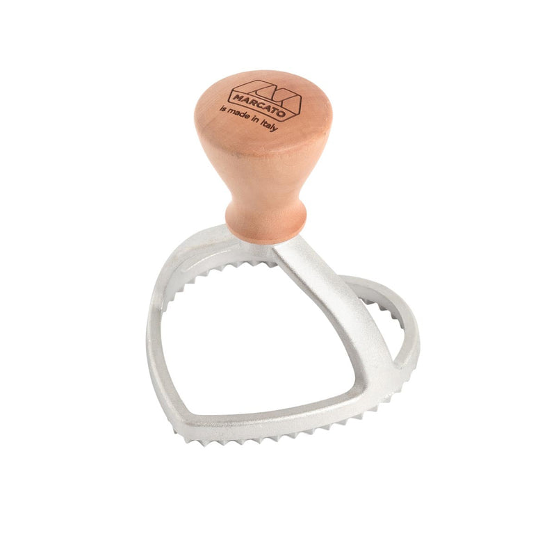 Marcato 3 Heart Ravioli Stamp with a metal base and wooden handle, ideal for creating authentic, uniform ravioli at home.