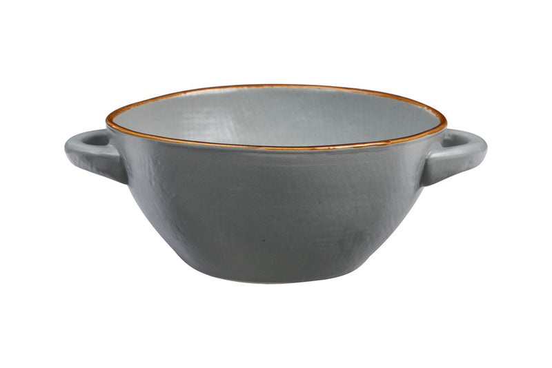 Novita | Mediterranean Stoneware Soup Bowl - Gray, a ceramic kitchenware piece with handles, ideal for serving soups, showcased close-up, highlighting its earthenware craftsmanship.