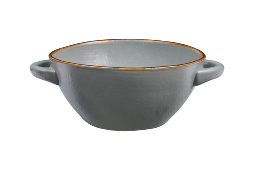 Novita | Mediterranean Stoneware Soup Bowl - Gray, a ceramic kitchenware piece with handles, ideal for serving soups, showcased close-up, highlighting its earthenware craftsmanship.