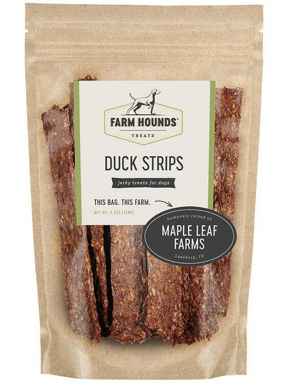 Farm Hounds | Strips Dog Treats - Beef package with a black oval sign and dog illustration, ideal for training and rewarding your pet.