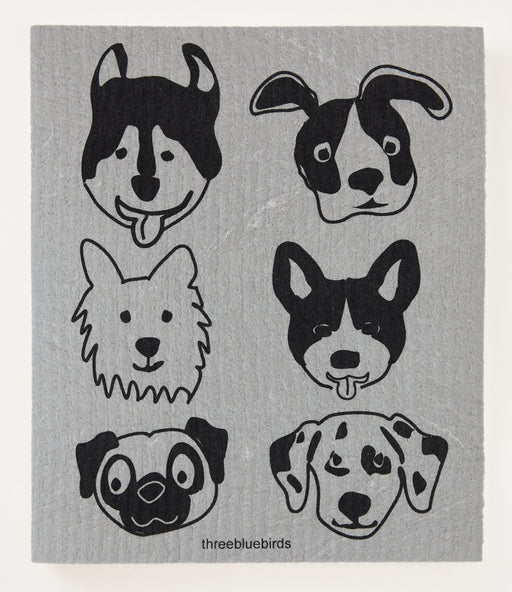 Three Bluebirds Swedish Dishcloth - Bow Wow on Grey, featuring a whimsical dog illustration, combining sustainability and style for effective, eco-friendly dishwashing.