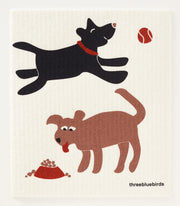 Three Bluebirds Swedish Dishcloths | Swedish Dishcloths - Dogs featuring a black dog with a red collar, designed for sustainable cleaning, perfect for kitchen use.