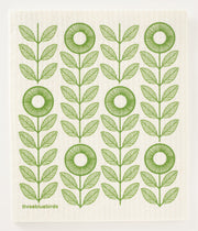 Three Bluebirds Swedish Dishcloths features a green sunflower motif, highlighting its eco-friendly, super absorbent design, ideal for sustainable kitchen use from Athens Cooks.