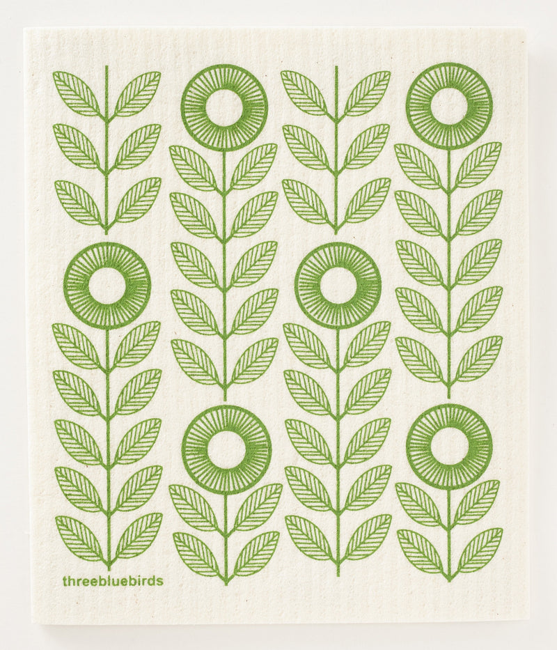 Three Bluebirds Swedish Dishcloths features a green sunflower motif, highlighting its eco-friendly, super absorbent design, ideal for sustainable kitchen use from Athens Cooks.