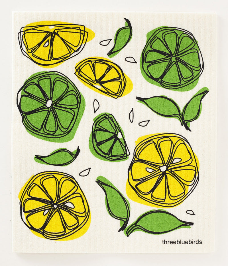 Three Bluebirds Swedish Dishcloths featuring lemon and lime drawings. Super absorbent, biodegradable, and reusable, perfect for sustainable kitchen cleaning.