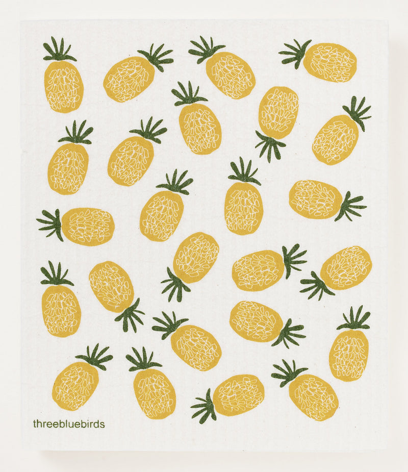 Three Bluebirds Swedish Dishcloths featuring a pineapple pattern, designed for kitchen use. Biodegradable, super absorbent, and reusable, ideal for eco-friendly cleaning.