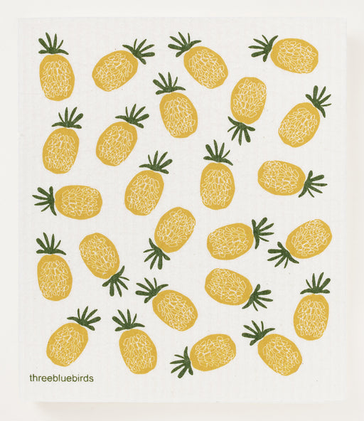 Three Bluebirds Swedish Dishcloths featuring a pineapple pattern, designed for kitchen use. Biodegradable, super absorbent, and reusable, ideal for eco-friendly cleaning.