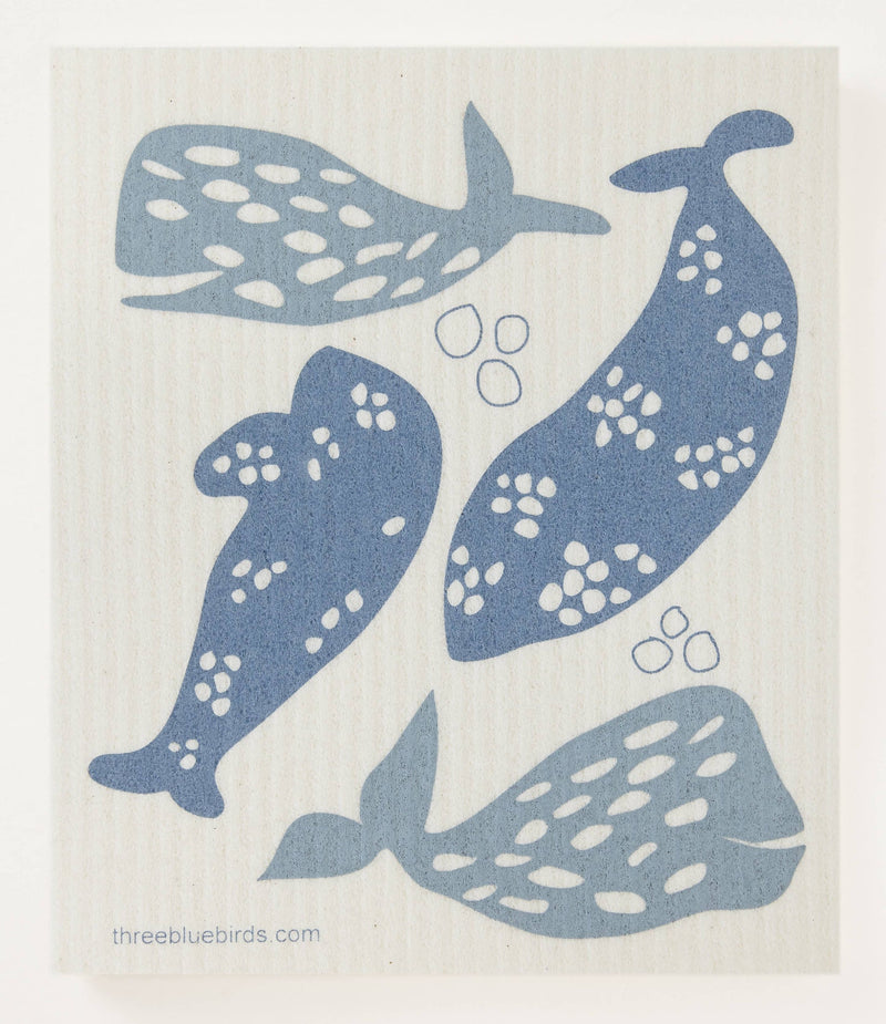 Three Bluebirds Swedish Dishcloth featuring a blue and white whale illustration, designed for durability and absorbency, ideal for eco-friendly cleaning in your kitchen.