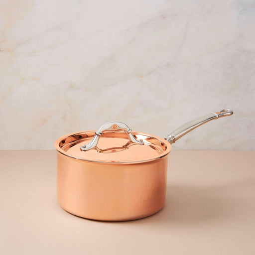 Ruffoni | Symphonia Cupra Saucepans - 3.5 Quart, a hammered copper saucepan with stainless steel interior, lid, and ergonomic handle, ideal for simmering sauces and boiling grains.