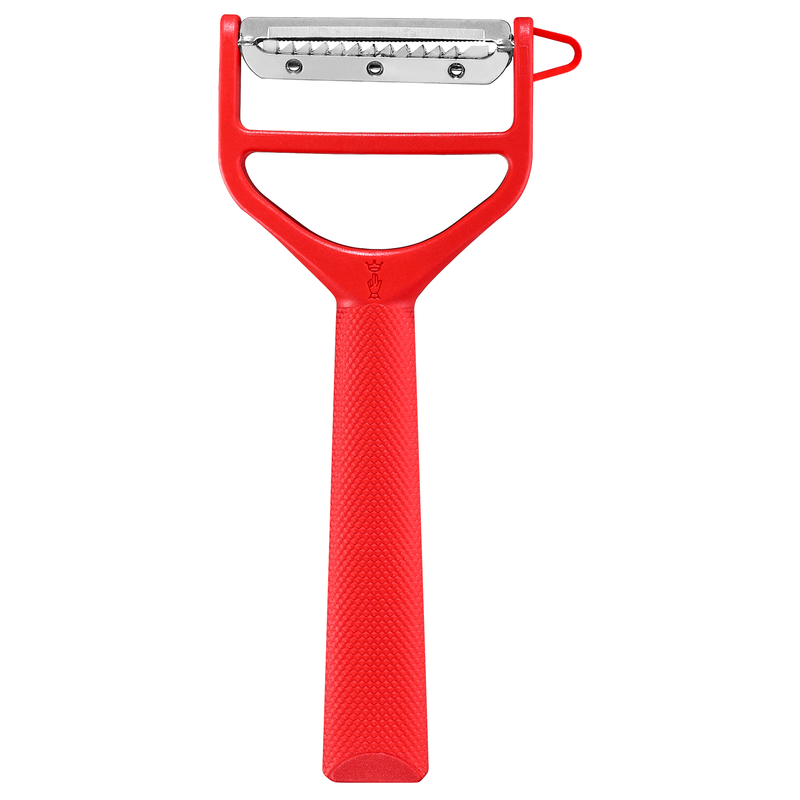 Opinel T-Duo Peeler, Red, featuring a Y-shaped design with dual stainless steel blades for peeling and julienning, includes a comfortable, dishwasher-safe handle.