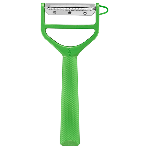 Opinel | T-Duo Peeler, Green, features a Y-shaped design with serrated and julienne blades for versatile vegetable and fruit peeling.