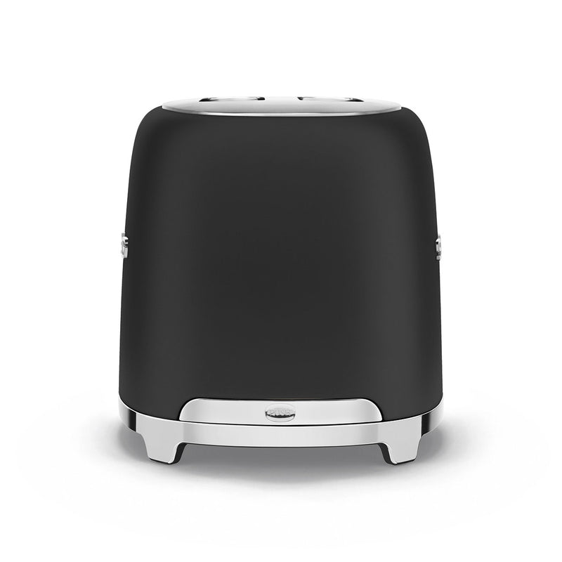 Smeg | 2 Slice Toaster - Black with chrome accents, featuring six toasting levels, defrost, reheat, bagel functions, and an easy-clean crumb tray.
