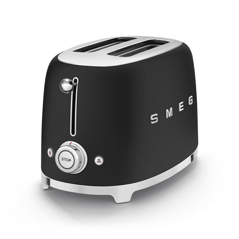 Smeg | 2 Slice Toaster - Black with chrome accents, features lever, STOP button, browning dial, and function buttons, ideal for versatile toasting.