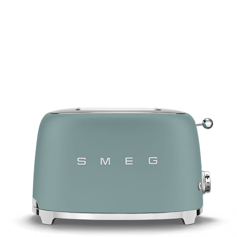Smeg | 2 Slice Toaster - Jade, featuring a retro design with chrome trim, two wide slots, browning dial, and SMEG logo, ideal for stylish kitchens.