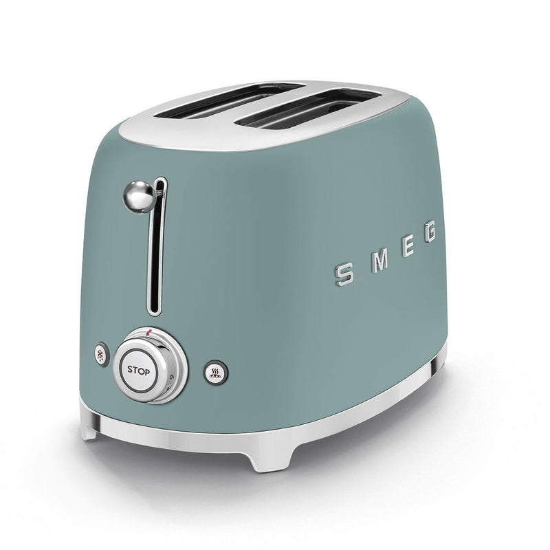 Smeg | 2 Slice Toaster - Jade with dual slots, chrome lever, and front knob for stop, defrost, and reheat; features retro design and polished chrome base.