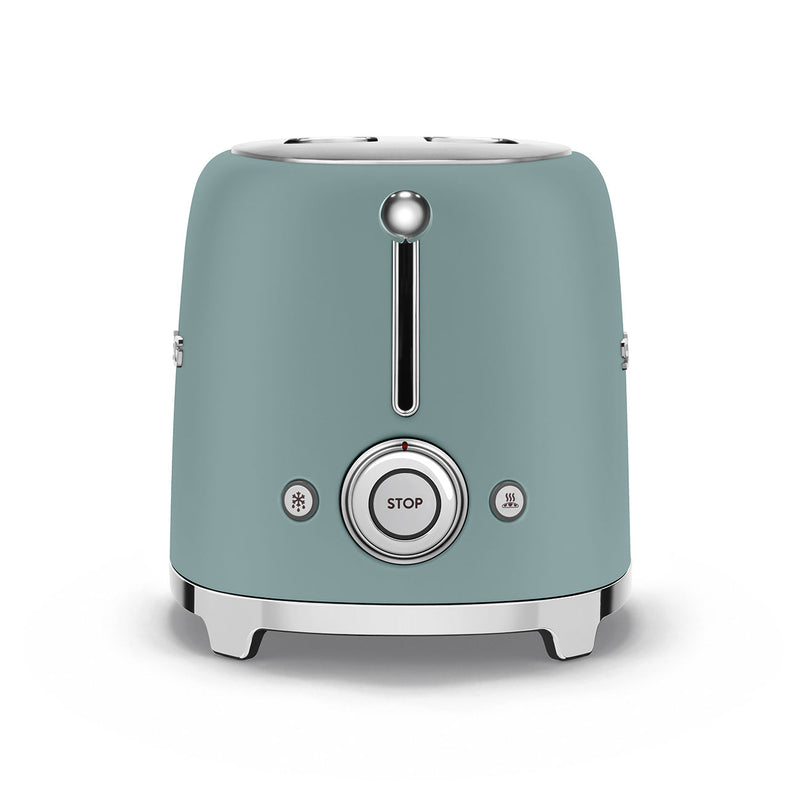 Smeg | 2 Slice Toaster - Jade with chrome accents, featuring wide slots, reheat, defrost, and bagel functions, plus a removable crumb tray for easy cleaning.