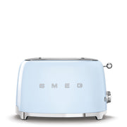 Smeg | Toaster - Pastel Blue: Retro-style, pastel blue toaster with chrome accents, featuring two slots, browning control, and functions for reheat, defrost, and bagel.