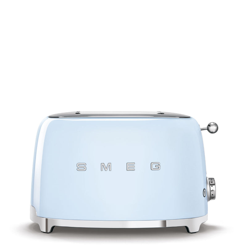 Smeg | Toaster - Pastel Blue: Retro-style, pastel blue toaster with chrome accents, featuring two slots, browning control, and functions for reheat, defrost, and bagel.