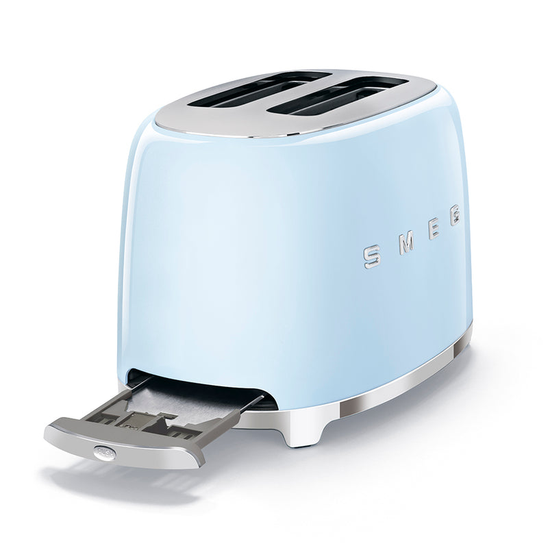 Smeg | Toaster - Pastel Blue: A 50's retro style toaster with two slots, polished chrome base, and pull-out crumb tray, perfect for stylish kitchen setups.