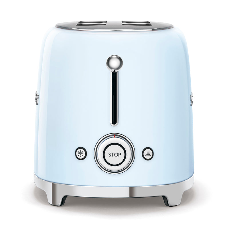 Smeg | Toaster - Pastel Blue: Retro-style two-slice toaster with defrost, reheat, and stop functions, featuring extra-wide slots and a chrome base.
