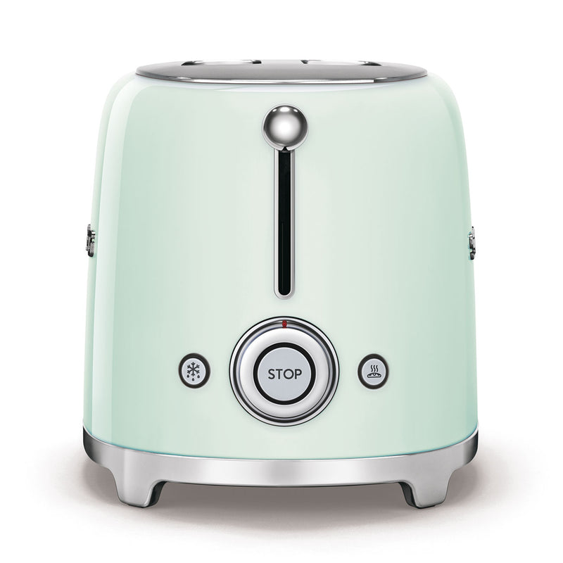Smeg | Toaster - Pastel Green, featuring two slots, six toasting levels, chrome accents, and defrost, reheat, and bagel functions, ideal for compact kitchen spaces.