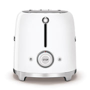 Smeg | Toaster - White: Modern two-slice toaster with extra-wide slots, chrome base, defrost, reheat, and bagel functions; features a removable crumb tray for easy cleaning.