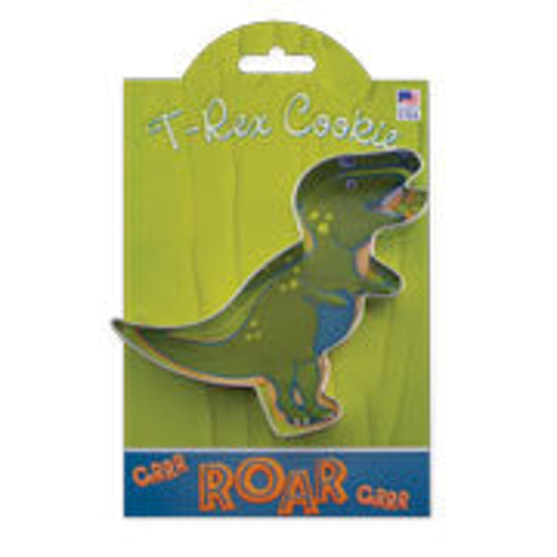 Ann Clark | Gift Collection Cookie Cutters - T Rex Dinosaur 5.25 Inches, featuring a dinosaur cookie cutter with a packaged green dinosaur cookie, perfect for creative baking.
