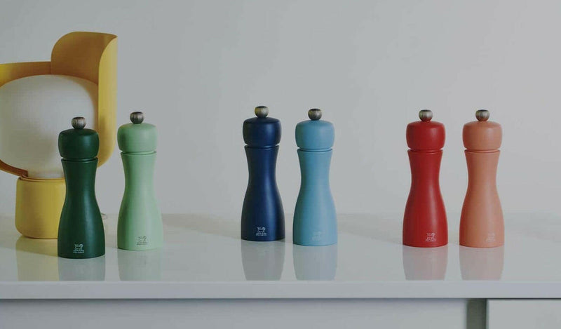 Peugeot | Tahiti Duo Salt + Pepper Mills - Air: Three elegant hourglass-shaped grinder pairs, crafted from sustainable wood with adjustable grind settings and durable steel mechanisms.