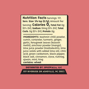 Spicewalla | Tandoori Masala nutrition facts and ingredients list, featuring 117 servings, 0 calories, and ingredients like Kashmiri chili, cumin, and turmeric. Contains wheat.